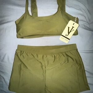 Joan Vass Olive Green Swim Sport Bralette and Shorts
